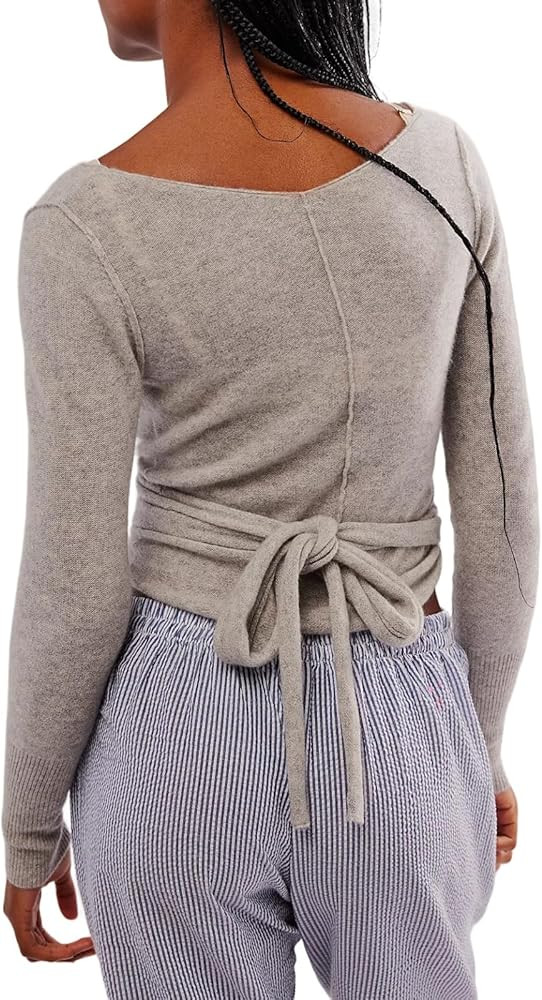 Women's 100% Wool Tie Front Tops Crop Top Solid Long Sleeve Solid V-Neck Lightweight Crochet Card... | Amazon (US)