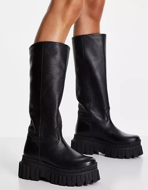 ASOS DESIGN Counter premium leather chunky pull on boots in black | ASOS (Global)