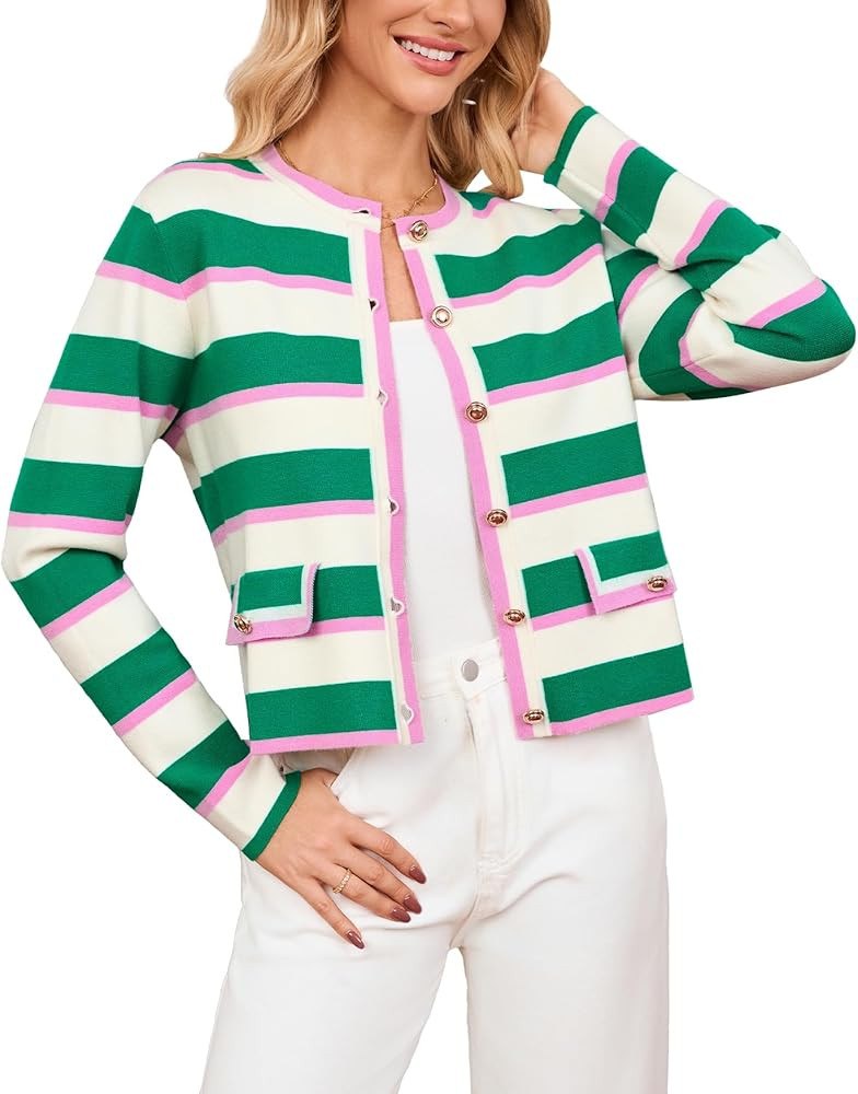 Women's Cardigan Sweater Open Front Color Block Button Down Knit Tweed Jackets Fall Cropped Coat | Amazon (US)