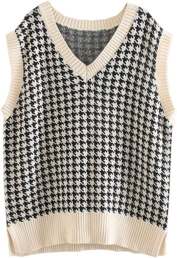 Sdencin Women Houndstooth Pattern Knit Sweater Vest Sleeveless Loose V-Neck 90s Waistcoat Pullove... | Amazon (US)