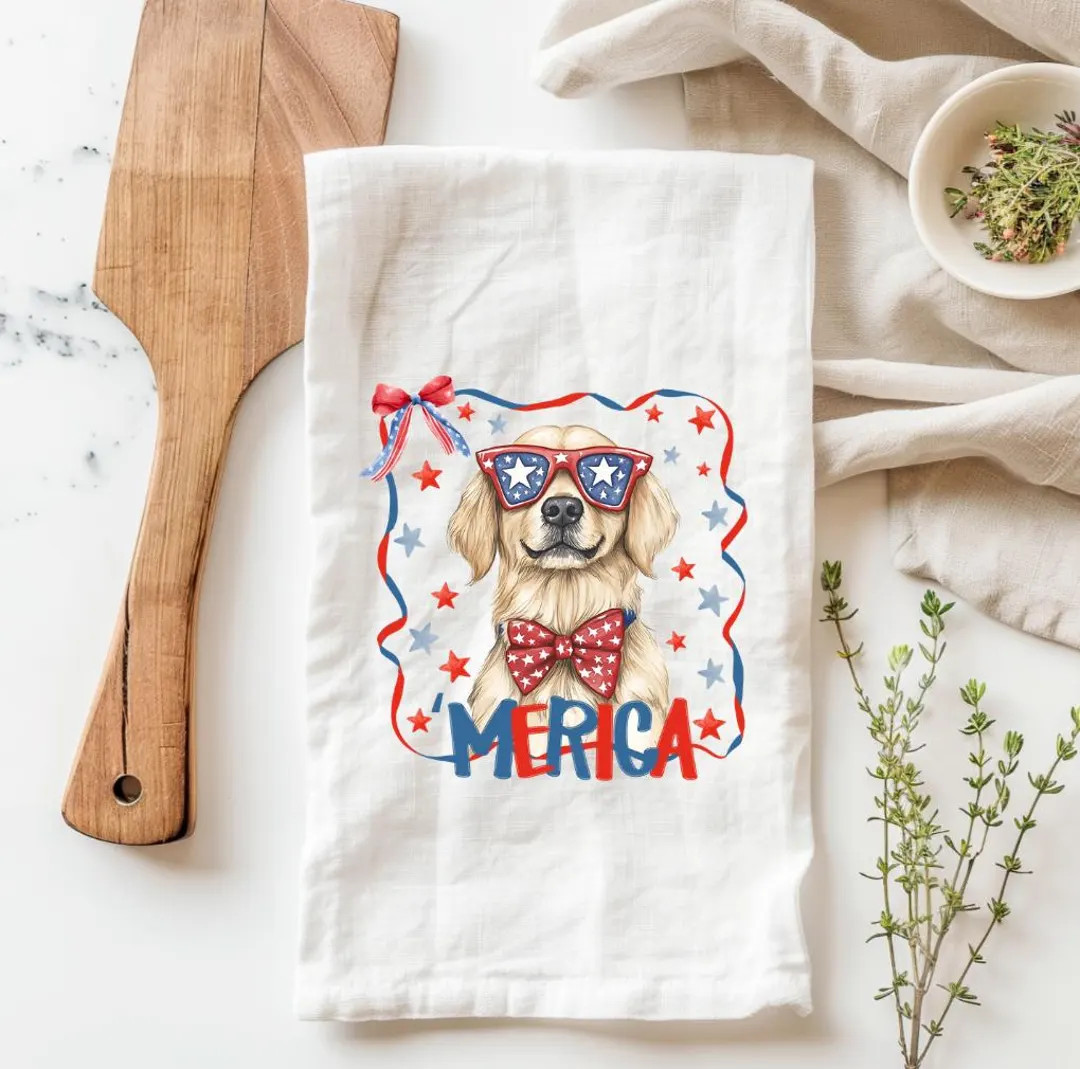 Golden Retriever 4th of July Kitchen Towel, Merica Dog Tea Towel, Patriotic Dog Kitchen Towel, In... | Etsy (Global)