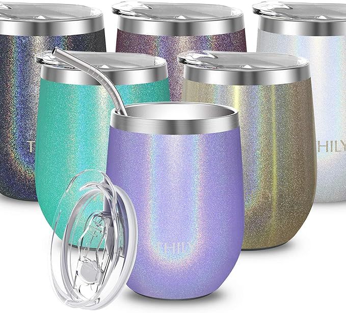 Stainless Steel Wine Tumbler Insulated - THILY Stemless Travel Wine Glass Coffee Cup with Sliding... | Amazon (US)