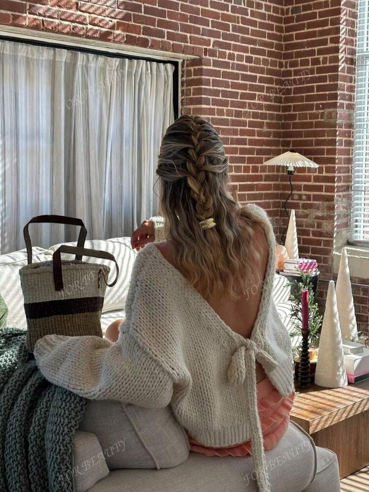 FOR BEAUTY Autumn And Winter New Solid Color Strap Bow Women's Long Sleeve Knitted Cardigan Top, Fashionable And Simple Street Casual Loose And Lazy Suitable For Going Out Commuter Sweater Autumn Women's Clothing Christmas | SHEIN