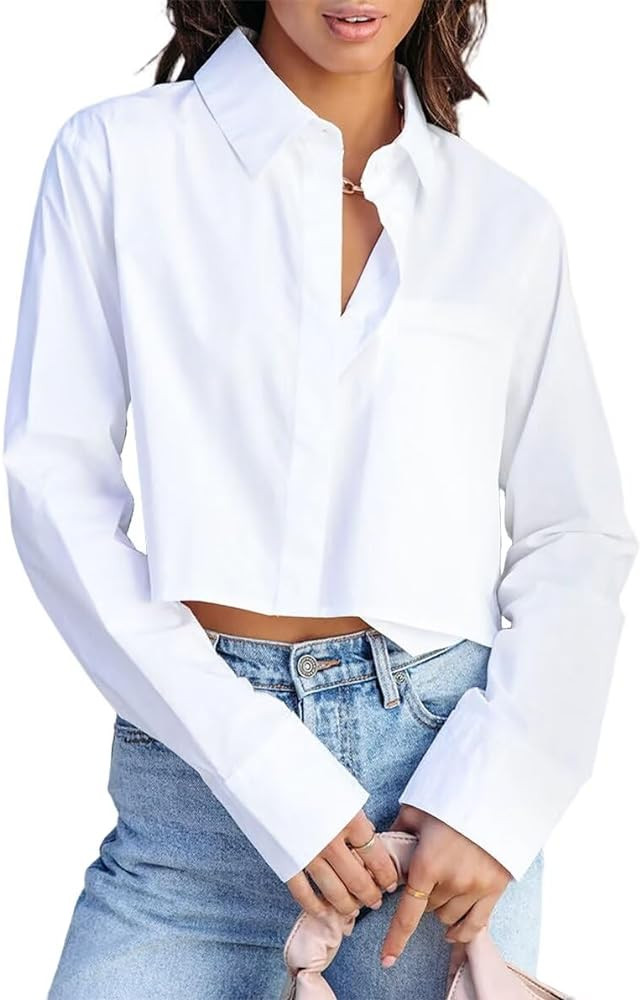 BONITEE Women Cotton Cropped Button Down Shirts Long Sleeve Crop Tops Collared Shirt Blouse Solid... | Amazon (US)