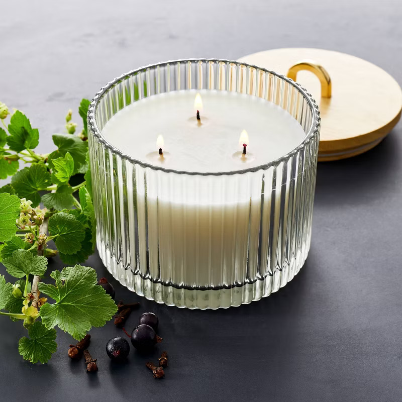 13oz 3 Wick Wood Lidded Ribbed Glass Clove and Black Currant Candle White - Threshold™ desi... | Target