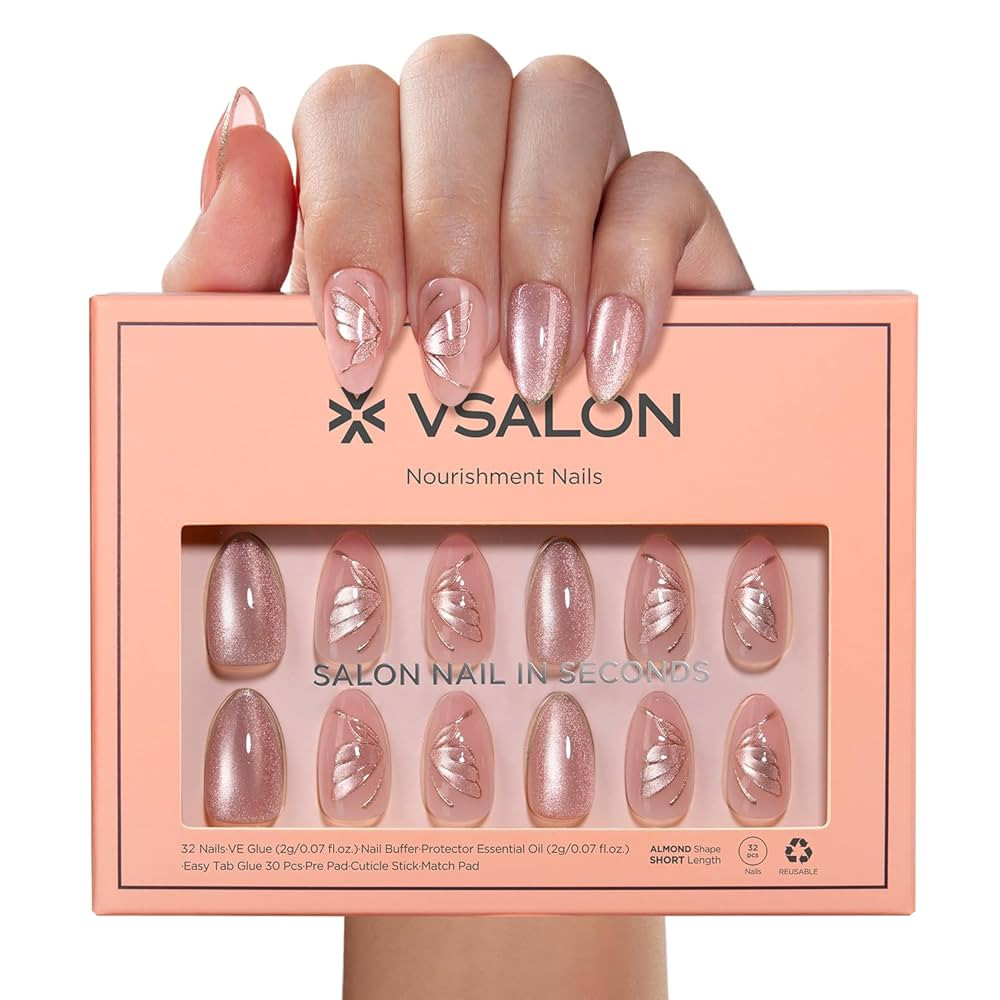 VSALON Press-On Nails Short Almond - Pink Cat Eye Semi-Transparent Design for Woman, Reusable Met... | Amazon (US)