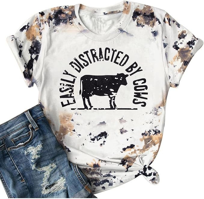 Cow Shirts for Women Easily Distracted by Cows Bleached Cowgirl T-Shirt Short Sleeve Vintage West... | Amazon (US)
