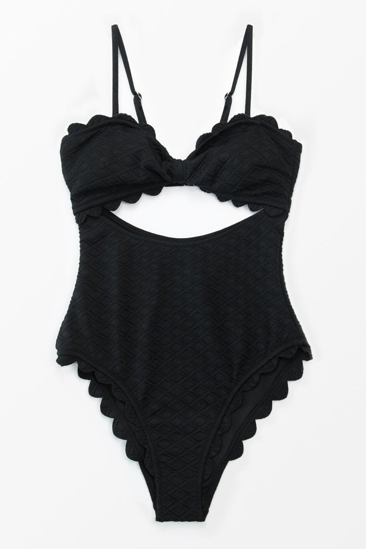 Black Knotted Scalloped One Piece Swimsuit | Cupshe