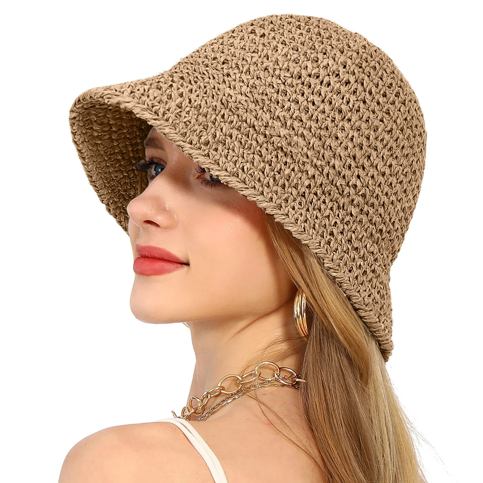 8QIDA Womens Sun Hat Handmade Straw Bucket Wide Packable Travel Summer Cap for Beach Upf 50+ Khak... | Walmart (US)