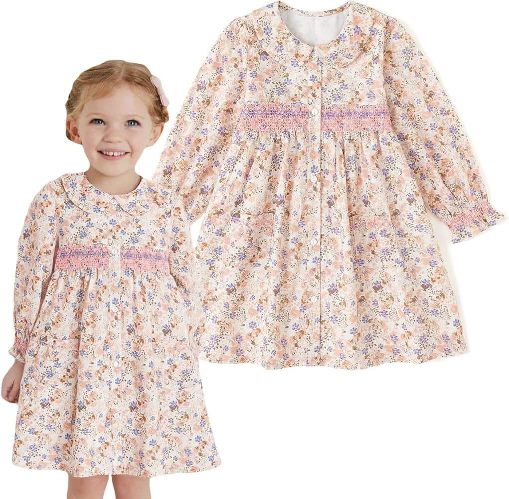 Curipeer Baby Girls Long Sleeve Flora Toddler Girls Cotton Casual Outfit Dress 12M-8Y | Amazon (US)