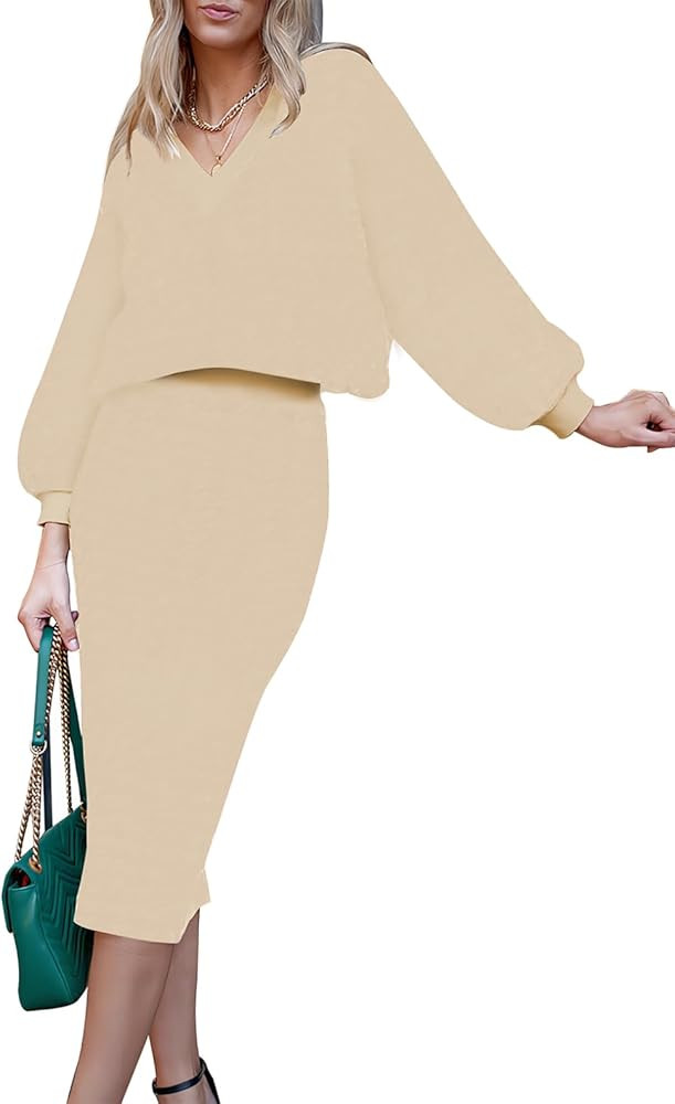 Women's 2 Piece Outfits Set Knit V Neck Batwing Long Sleeve Loose Top Bodycon Midi Skirt Sweater ... | Amazon (US)
