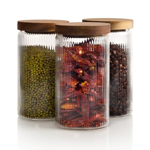 Mason & Fable Ribbed Glass Jars with Wooden Lid 27 fl oz- Set of 3 | Airtight Fluted Storage Container for Pasta, Coffee, Candy, Dog Treats, Snacks | Glass Organization Canisters for Home & Kitchen | Amazon (US)