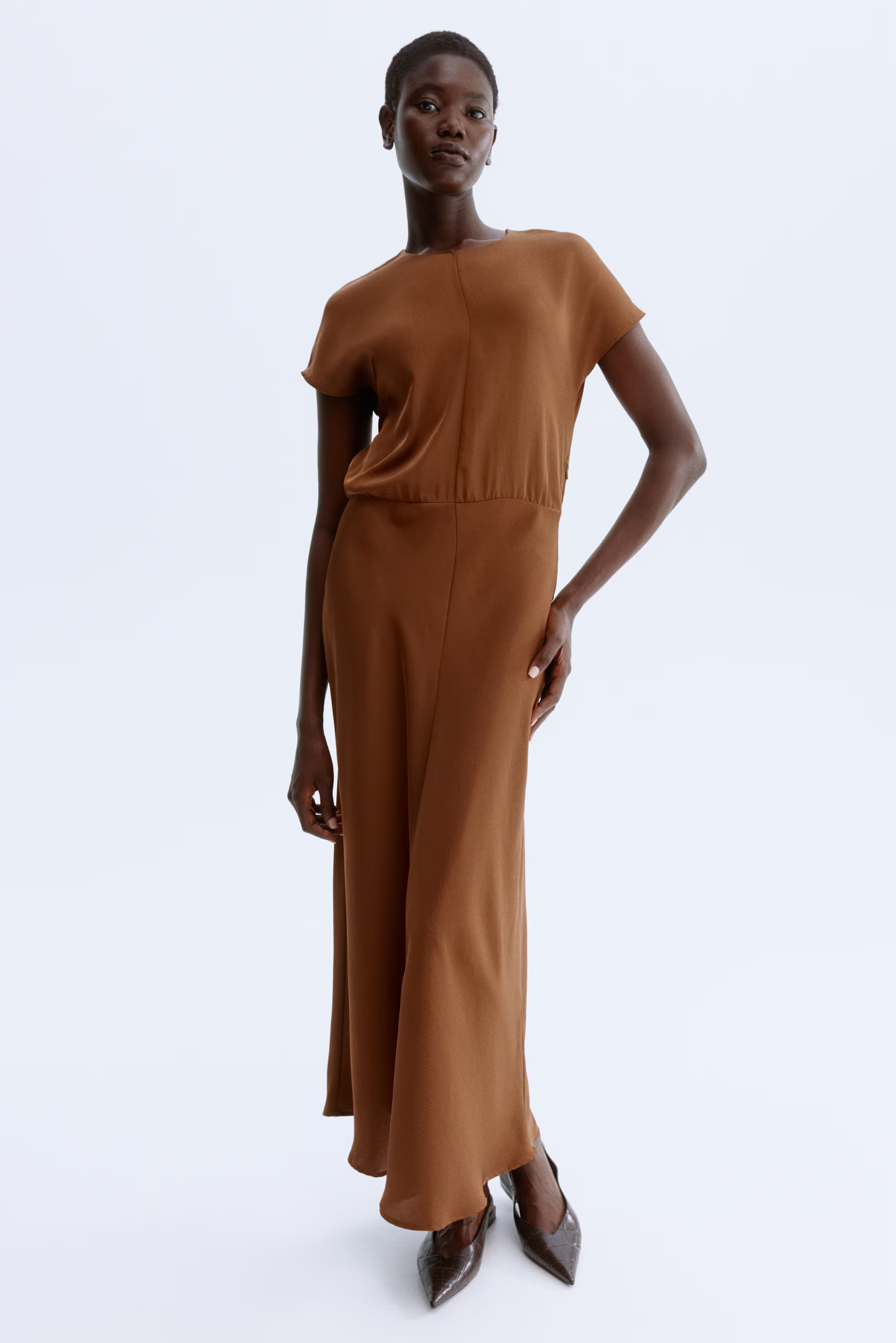 Cap-Sleeved Satin Dress - Brown - Ladies | H&M US | H&M (US + CA)