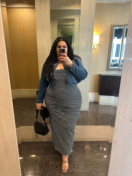 Obsessed with strapless dresses lately! Loving the stripes and navy here with a denim crop jacket! All from amazon and putting her for ya! Dress is size XL and jacket is XXL, heels a 10! #amazonfinds #amazonfashion 

#LTKFestival #LTKplussize #LTKstyletip