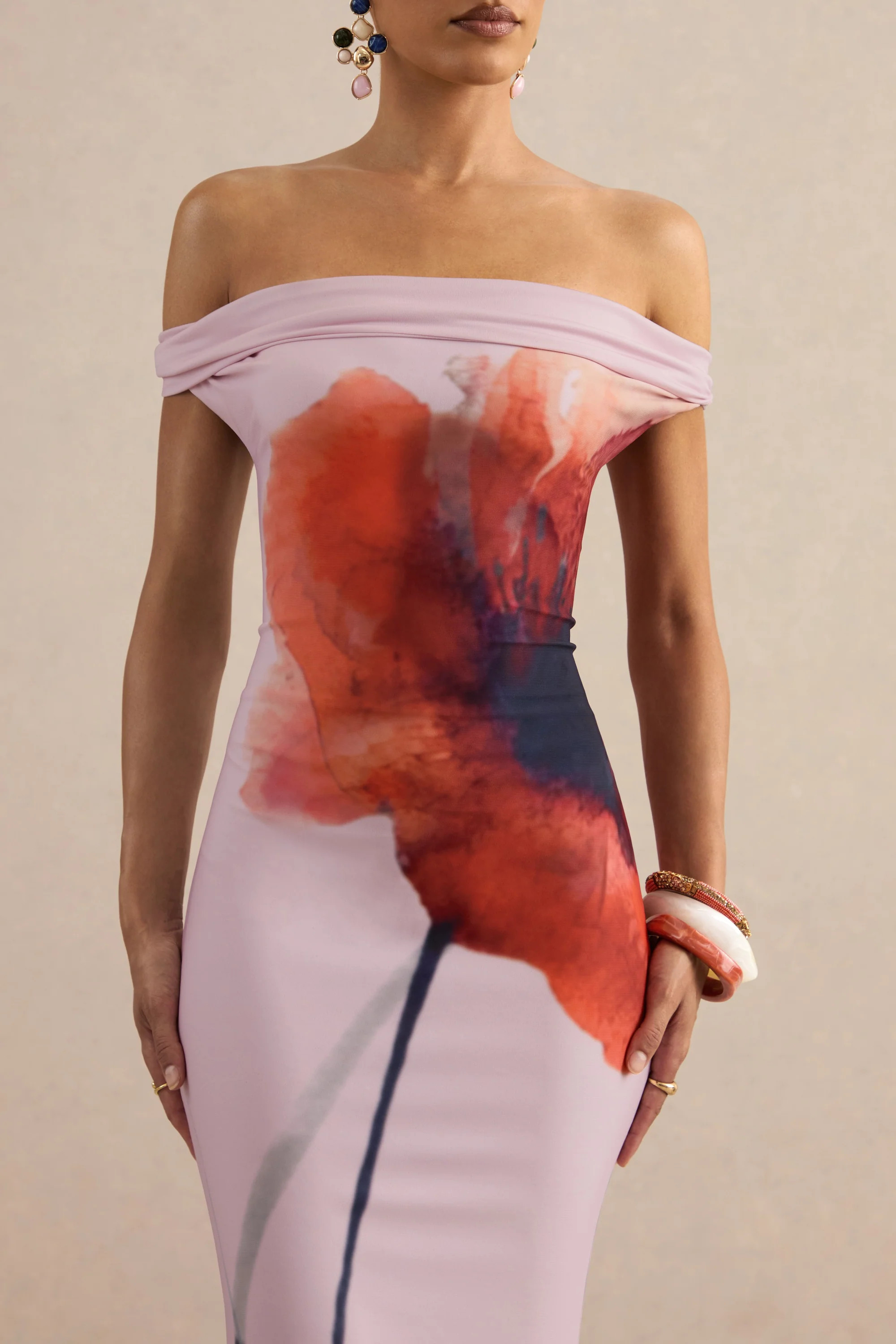 Katia | Pink Poppy Print Bardot-Neck Maxi Dress | Club L London