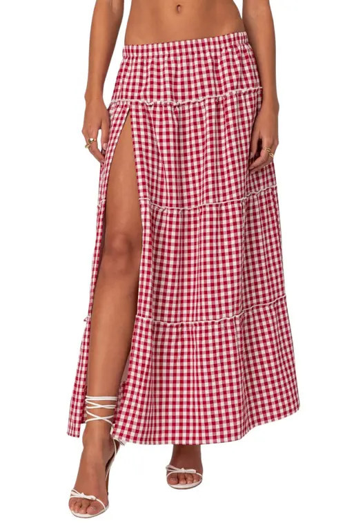 EDIKTED Gingham Tiered Maxi Skirt at Nordstrom, Size X-Small | Nordstrom