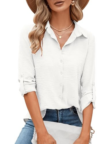 Odosalii White Blouses for Women Dressy Casual Long Sleeve Tops Button Down Shirts Loose Fit Business Casual Work Professional Office Outfits | Amazon (US)