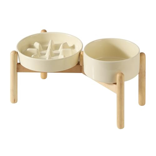 Havniva Ceramic 1.2 Cup Raised Slow Feeder Dog Bowl Set, Elevated 6.1inch Bowl and 7.3inch Slow Pet Food Dish with Wooden Stand for Small and Medium Dog (2 x Beige+ Stand) | Amazon (US)