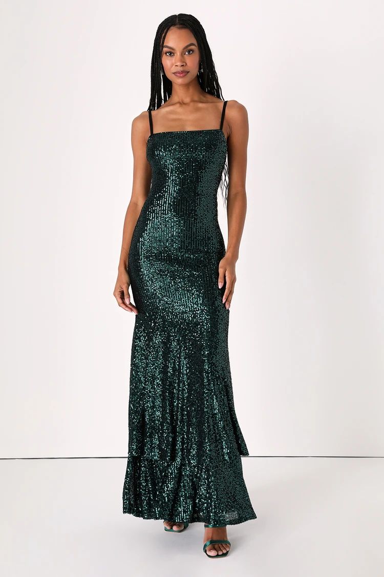 Shimmering Sensation Emerald Green Sequin Ruffled Maxi Dress | Lulus (US)