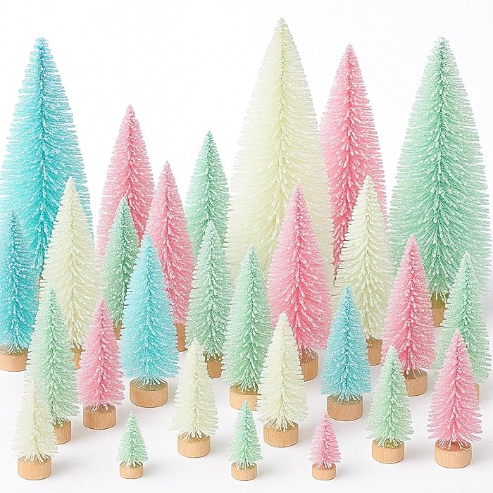 Leyndo 24 Pcs Pastel Artificial Mini Christmas Tree Xmas Sisal Bottle Brush Trees with Wood Base ... | Amazon (US)