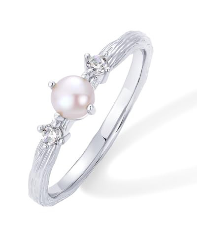 PAVOI Rhodium Plated Pearl Hammered Ring for Women | Dainty Elegant Stackable Cubic Zirconia Thin Band for Women | Size 5 | Amazon (US)