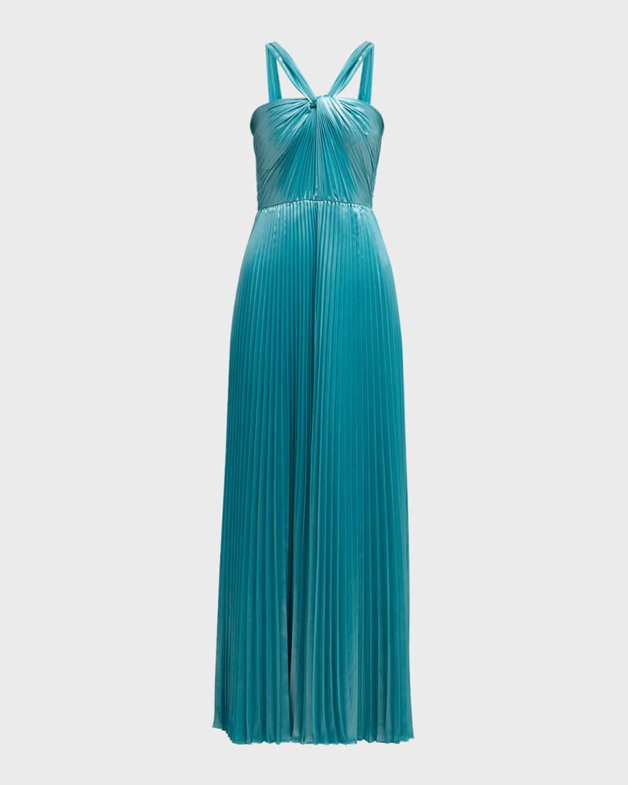 Zoe Pleated Metallic Halter Gown | Neiman Marcus