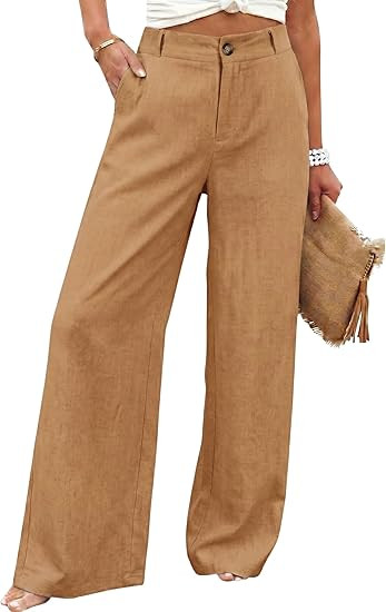 Hooever Womens Cotton Linen Pants Casual Button Up High Waisted Wide Leg Trousers | Amazon (US)