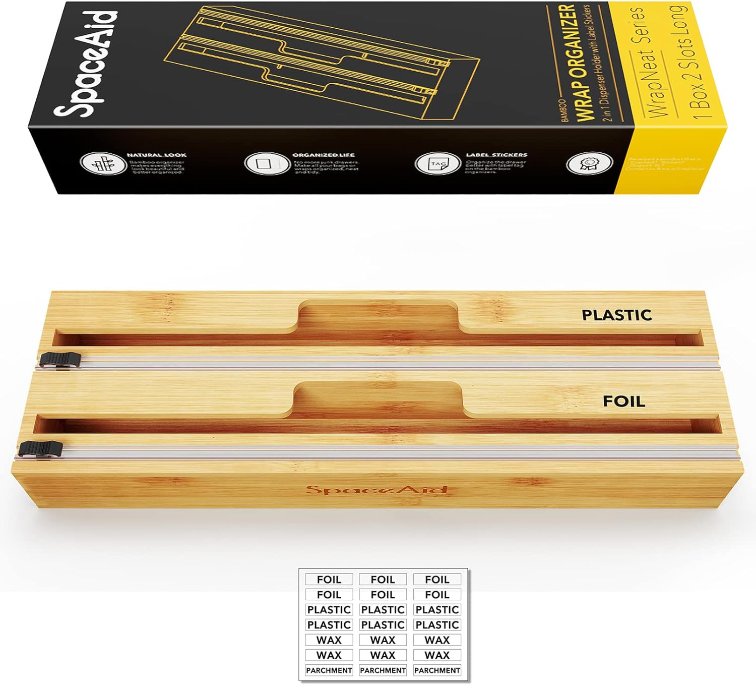 SpaceAid WrapNeat 2 in 1 Long Wrap Dispenser with Cutter and Labels, Plastic Wrap, Aluminum Foil ... | Amazon (US)