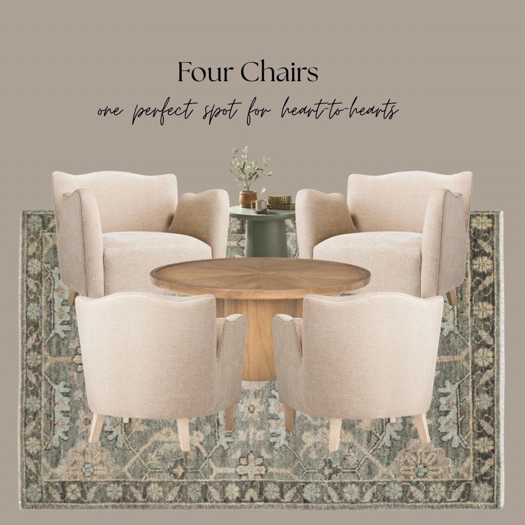 🖤 Four Chairs
Where conversation meets curation.

We designed this cozy corner with intention — perfect for hosting guests, late-night chats, or a quiet morning coffee. Soft curves, timeless texture, and pieces that feel as good as they look.

✨ Tap to shop each piece and bring home the heart of the room.

#ConversationRoom #LTKhome #InteriorDesignInspo #CuratedSpaces #ShelbyMaeInteriors #CozyCorner #HomeWithHeart #NeutralDesign #ModernTraditional #ShopTheLook

#LTKStyleTip #LTKHome