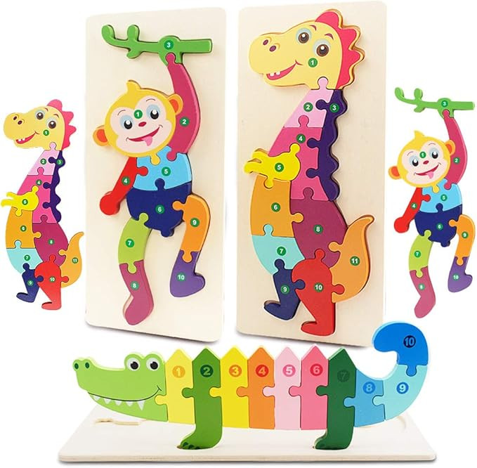 Wooden Jigsaw Puzzle Toy for Toddlers 1-3 Years Old- 3 Sets of Animals Dinosaur Crocodile Monkey,... | Amazon (US)