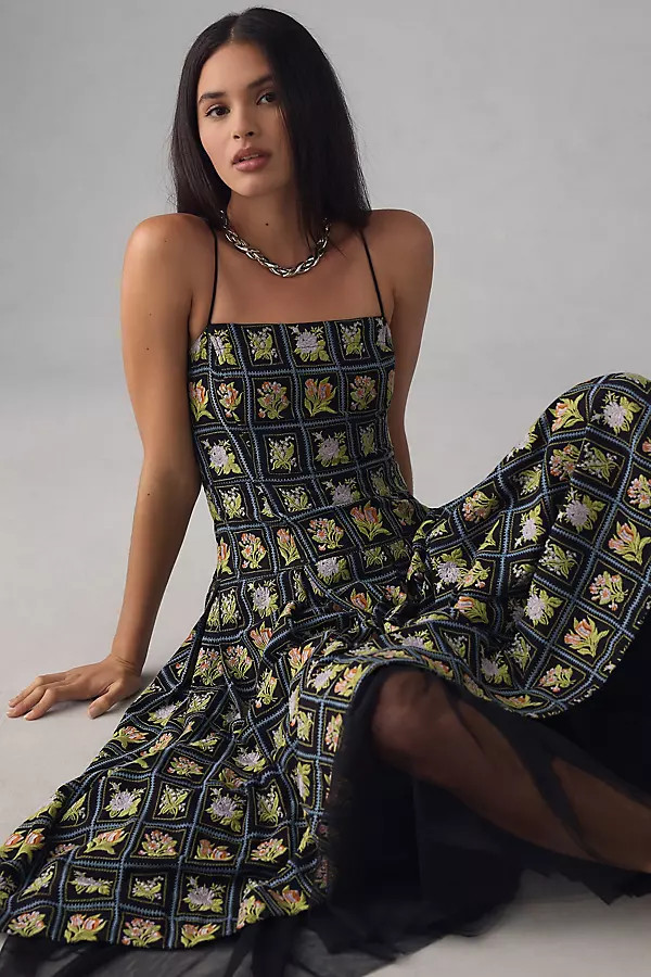 Maeve Square-Neck Tulle Embroidered Midi Dress | Anthropologie (US)