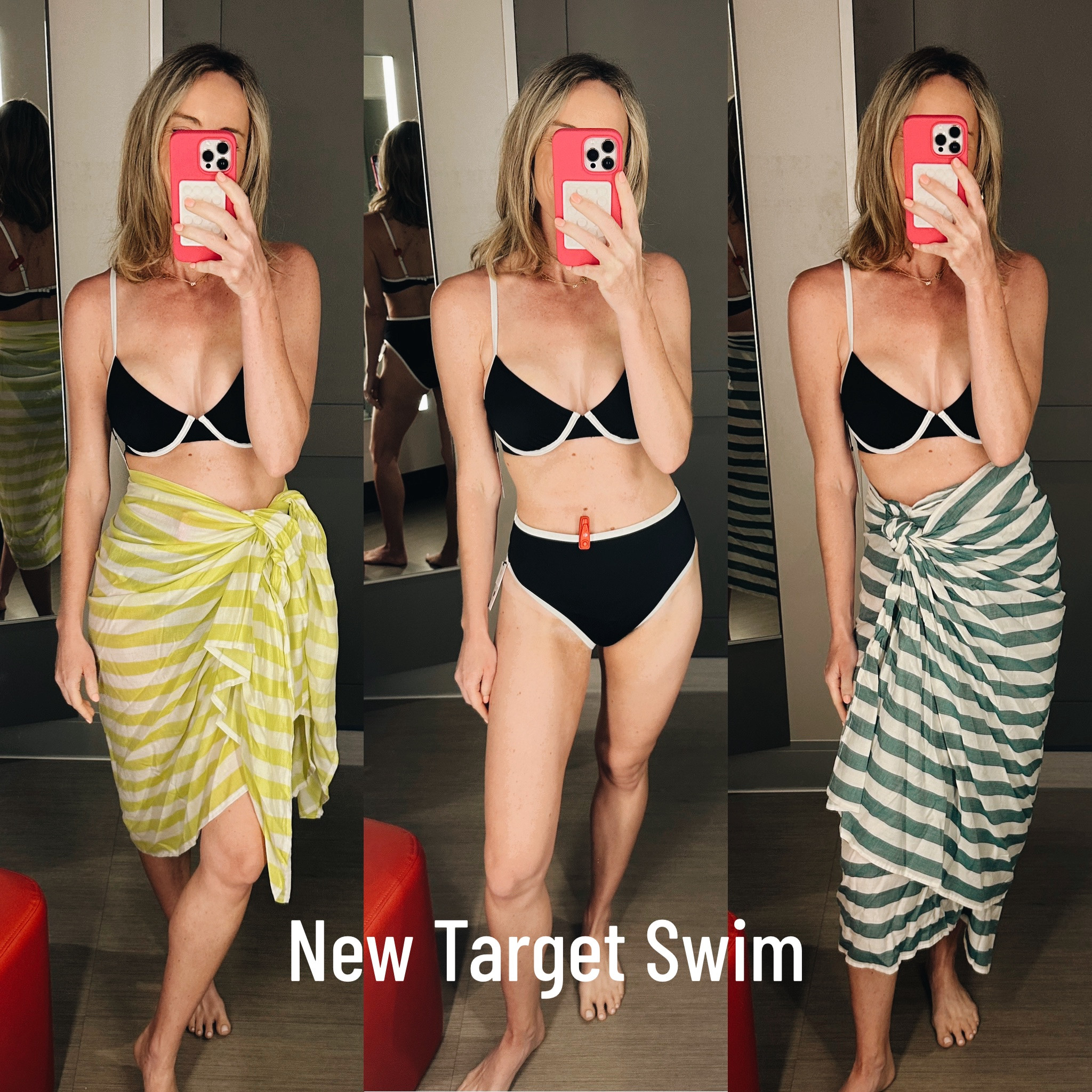 Great new Target swim! Love this cotton sarong so much. A fun pop of color in this classic stripe pattern. The bikini is unreal good. Available in a yellow online which I love! Underwire and bra sizing 🤌🏻@target @targetstyle #targetpartner #targetstyle #target #ad