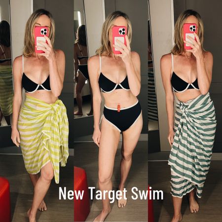 Great new Target swim! Love this cotton sarong so much. A fun pop of color in this classic stripe pattern. The bikini is unreal good. Available in a yellow online which I love! Underwire and bra sizing 🤌🏻@target @targetstyle #targetpartner #targetstyle #target #ad
