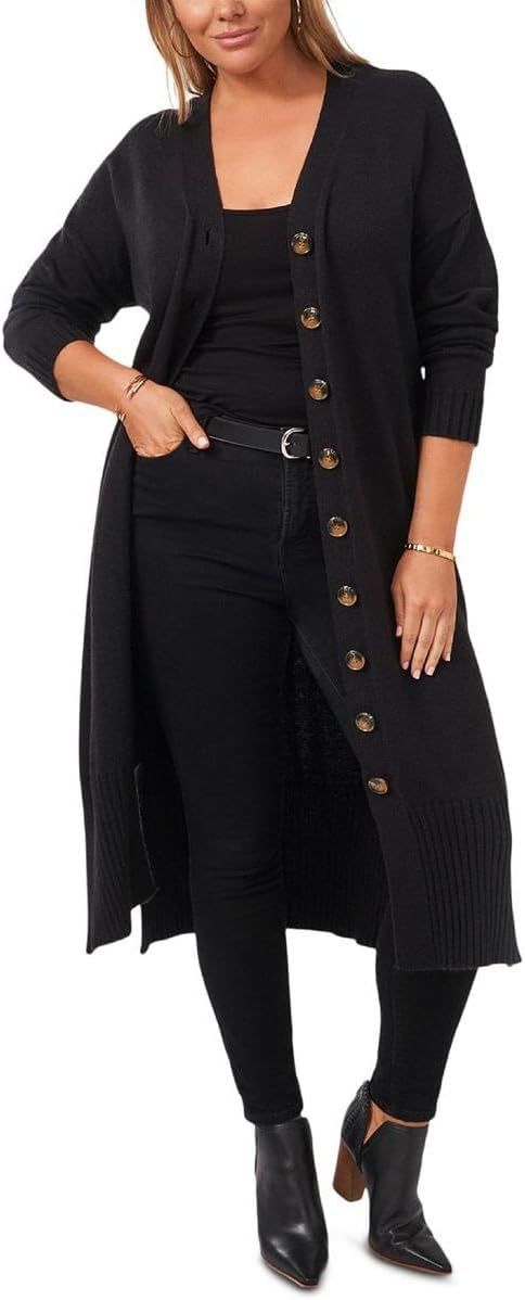 Vince Camuto Womens Plus Fall Harmony Ribbed Trim Long Cardigan Sweater | Amazon (US)