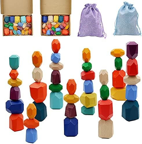 40 PCS Wooden Rocks Balance Stones Building Blocks Set, Colored Wood Balancing Stone Stacking Gam... | Amazon (UK)