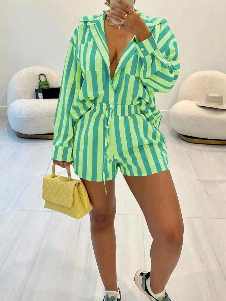 SHEIN Women's Striped Loose Fit Drop Shoulder Long Sleeve Shirt And Shorts Casual Two Pieces Set For Spring & Summer Fall Cloth For Women | SHEIN