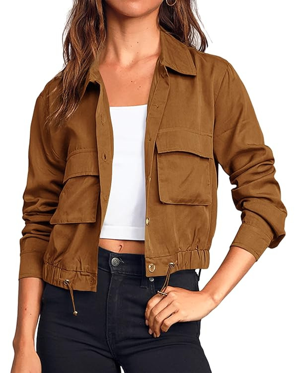 Women's Military Safari Cropped Jackets Button Down Lightweight Oversized Utility Anorak Coat wit... | Amazon (US)