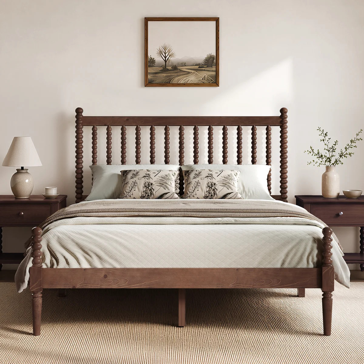 Bilal 47.2"H Queen Size Four-Post Solid Wood Bed with Bobbin Spindle Accents, Walnut | Wayfair North America