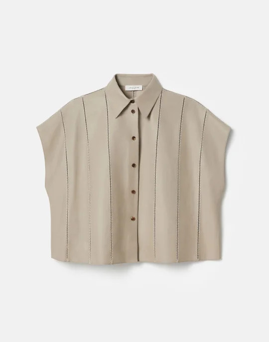 Nappa Leather Ladder Stitch Oversized Cropped Shirt | Lafayette 148 New York