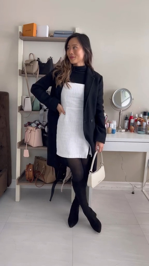 black and white outfit, Parisian style, black turtleneck, cropped turtleneck, tweed dress, winter coat, knee high boots, winter outfit 

#LTKSeasonal #LTKunder100