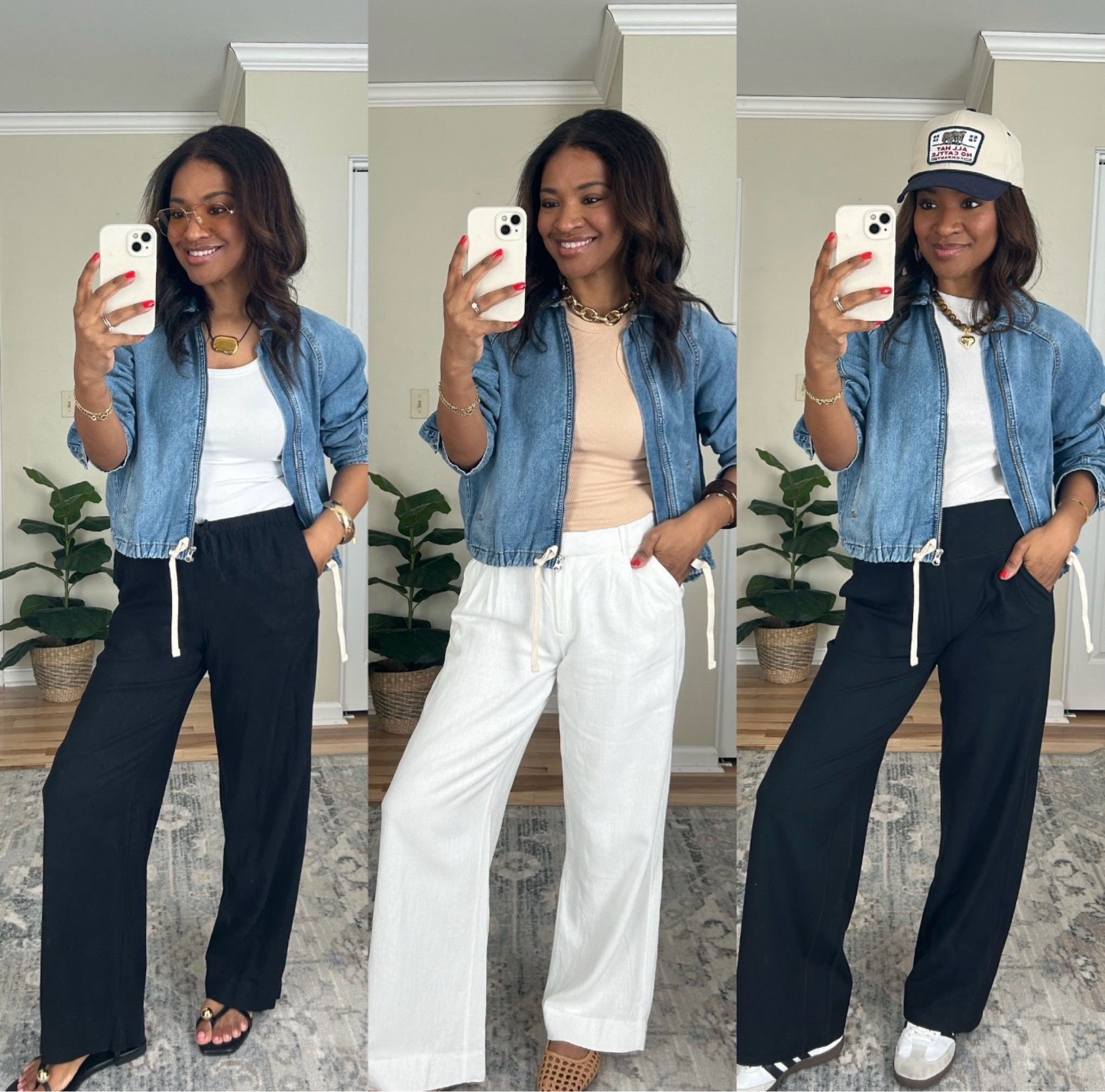 Three ways to style this denim jacket! I’m wearing a large in it. It runs small in my opinion. My Abercrombie pants (white ones) are a size 26/4 regular. My black linen pants have a drawstring and are size small (linking similar). My black Amazon CRZ yoga pants are a size small 5.4-5.7. Adidas sambas run big, size down 1/2 

 #ltkover40 #ltkseasonal #ltkootd