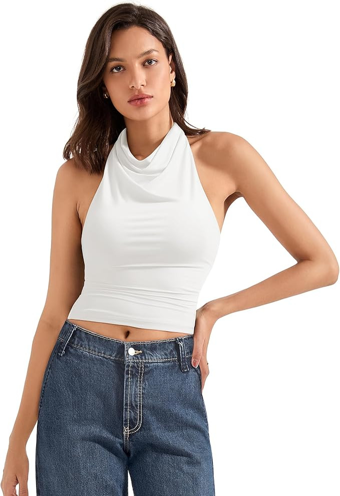 SUUKSESS Women Halter Backless Tank Tops Sexy Cowl Neck Summer Going Out Cami Tops | Amazon (US)