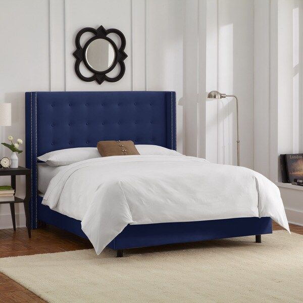 Skyline Furniture Nailhead Trim Button Tufted Navy Velvet Wingback Bed | Bed Bath & Beyond