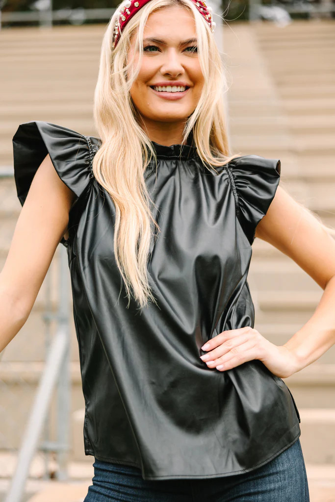 All About It Black Faux Leather Blouse | The Mint Julep Boutique