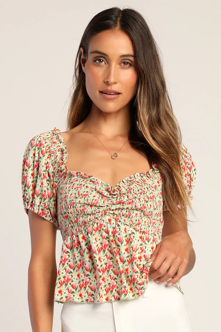 Such A Flirt Sage Floral Smocked Peplum Short Sleeve Top | Lulus