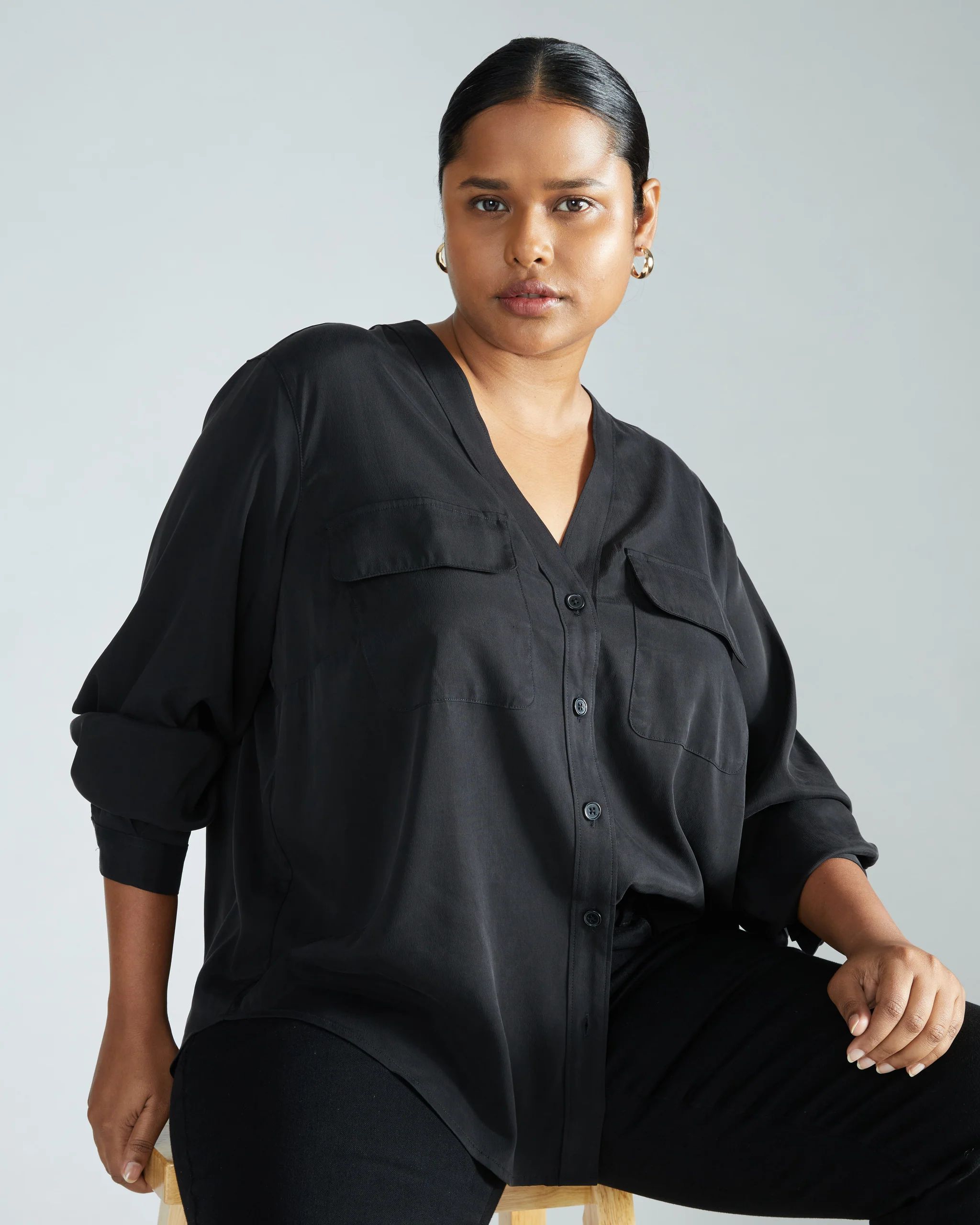 Cooling Stretch Cupro Button-Down Blouse - Black | Universal Standard