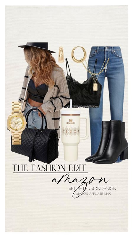 Stanley cup
Layered necklace 
Hoops
Watch
Booties
Duffel bag
Lace top
Jean 
Cardigan 