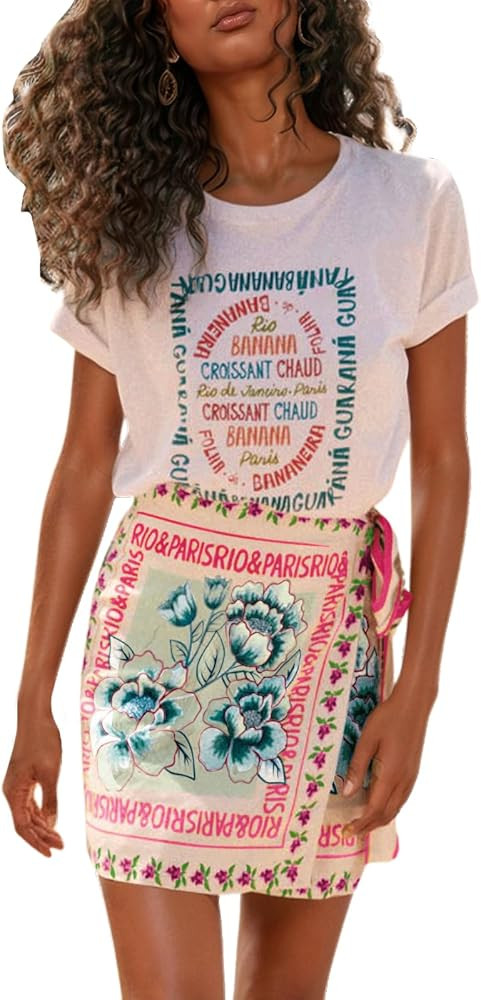 CHARTOU Women's Summer Floral Print Wrap Short Skirt Knot Side High Waist A Line Beach Mini Skirt | Amazon (US)