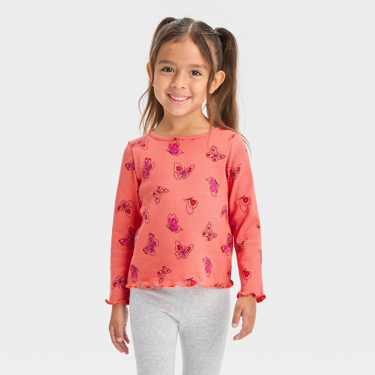Toddler Girls' Butterfly Ribbed Long Sleeve T-Shirt - Cat & Jack™ Orange | Target