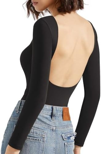 SUUKSESS Women Backless Y2k Long Sleeve Bodysuit Double Lined Open Back Sexy Basic Top | Amazon (US)